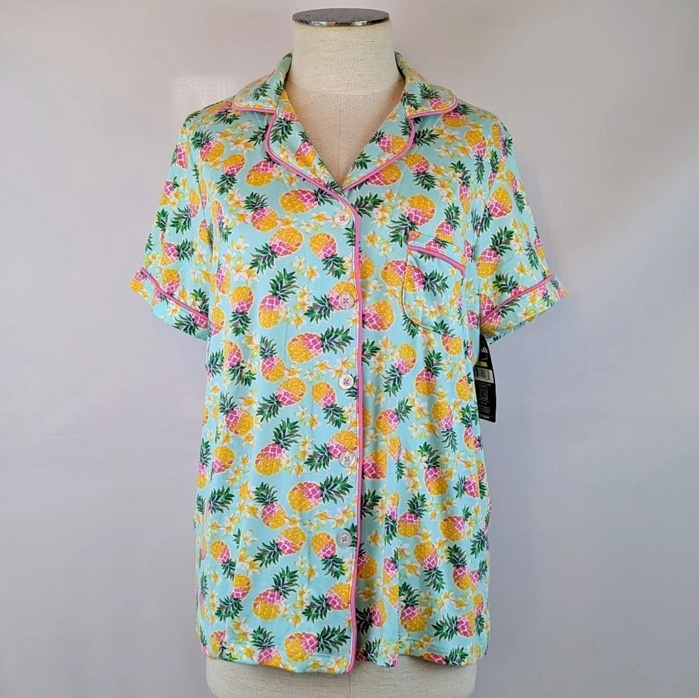 Pillow Talk Tropical Pineapple Print PJ Set Short Sleeve Top Pants Aqua M NWT - Picture 11 of 12
